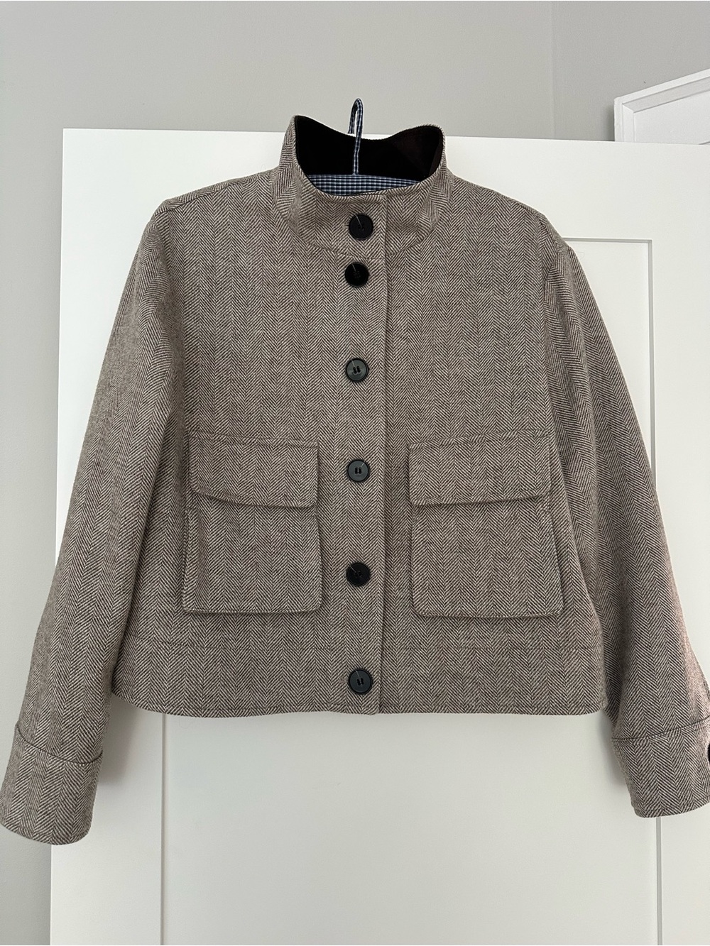 Wool Blend Herringbone Crop Jacket - Taupe